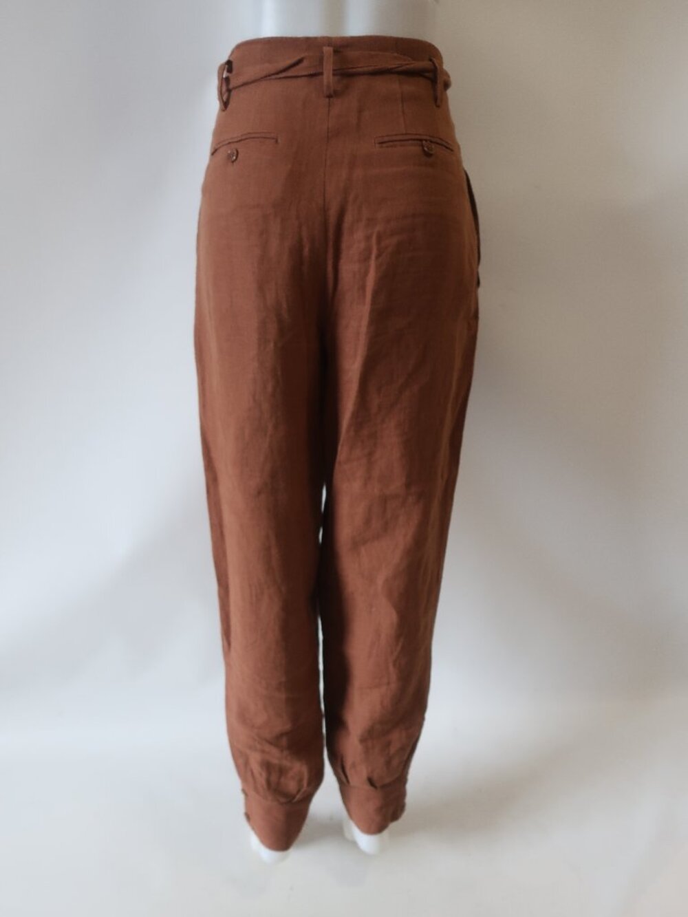 Womens Ronny Kobo Brown (Item- 43) Belted Pleated Tapered Cropped Linen Pants S - Picture 11 of 12